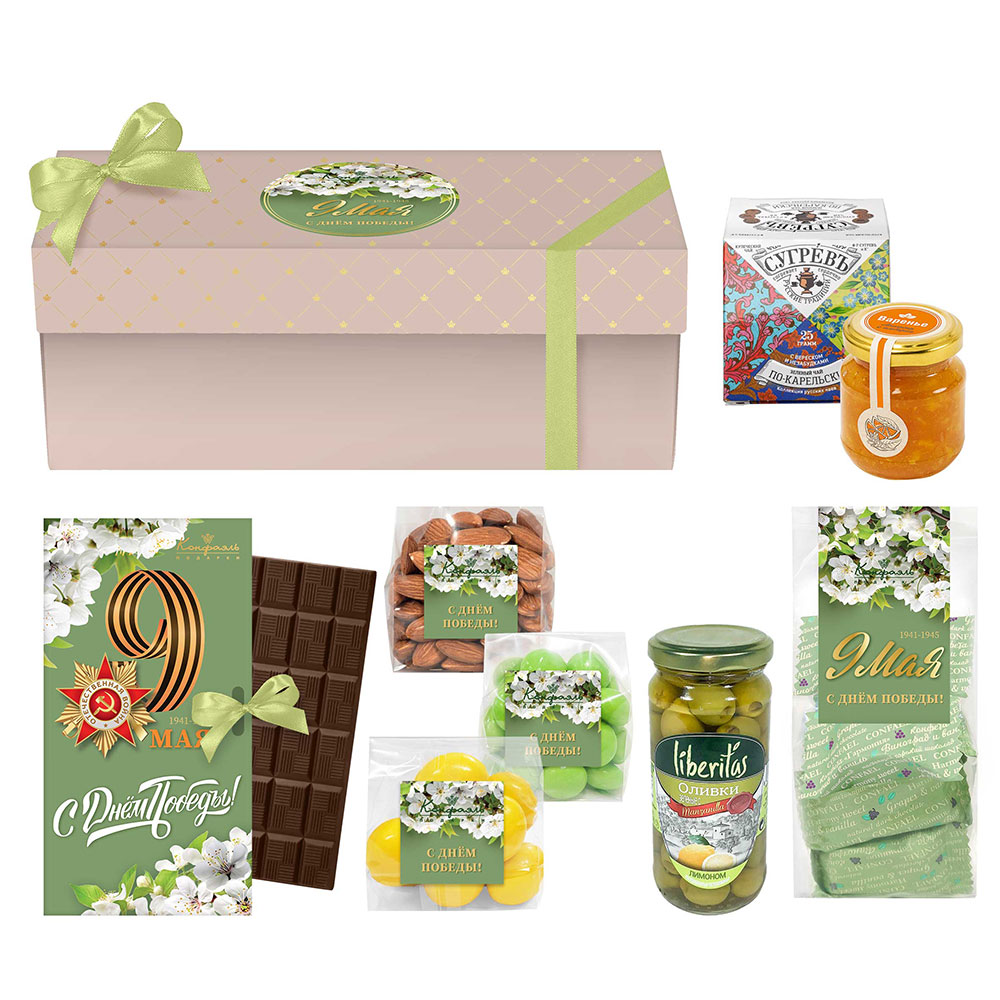 "9 мая" набор: шоколад, драже, оливки, чай, варенье