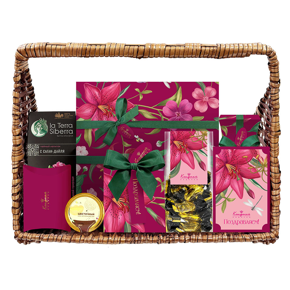 Корзина: конфеты глазированные, конфеты "Ассорти", мед, чайный напиток