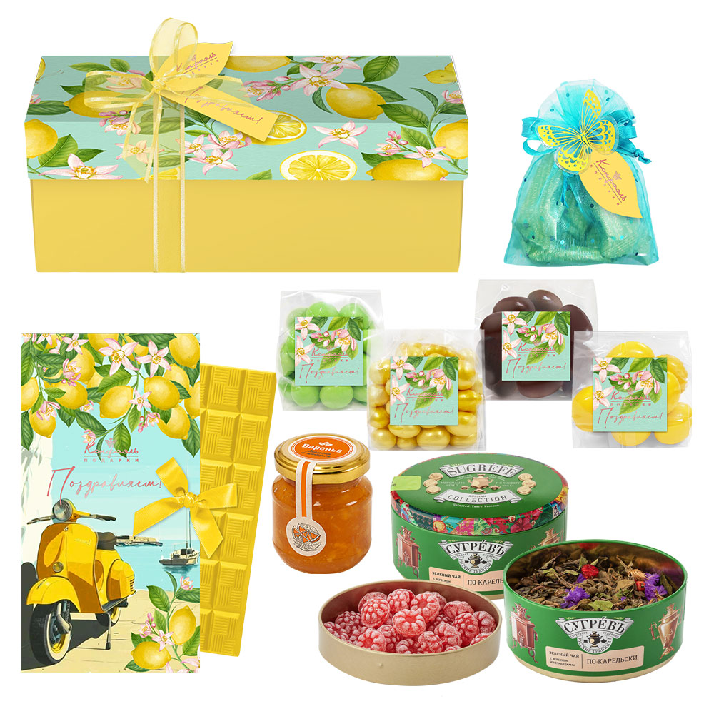 Набор: шоколад, драже, мармелад, варенье, чай