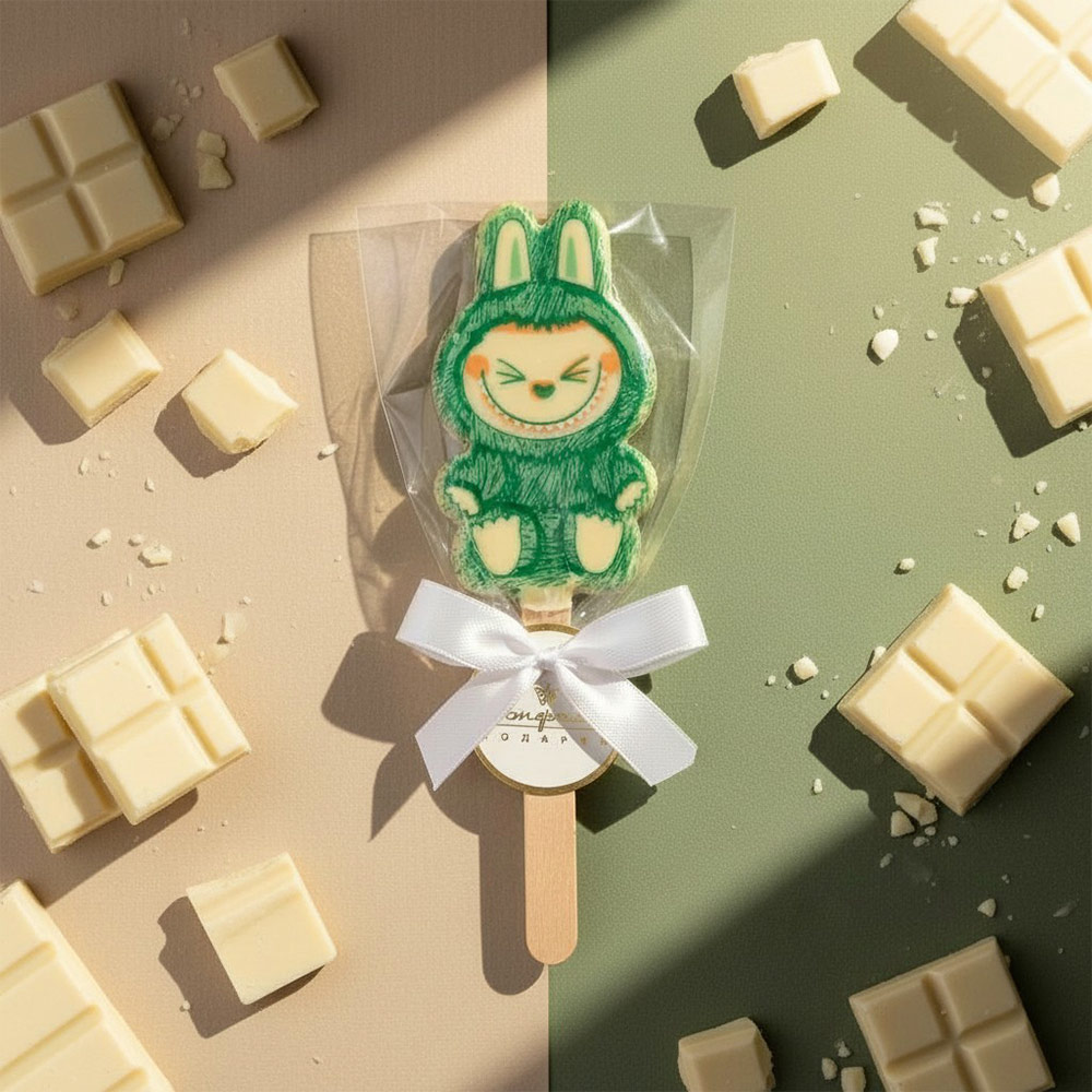 "Лабубушка" шоколад белый на палочке 19г (зеленый декор)