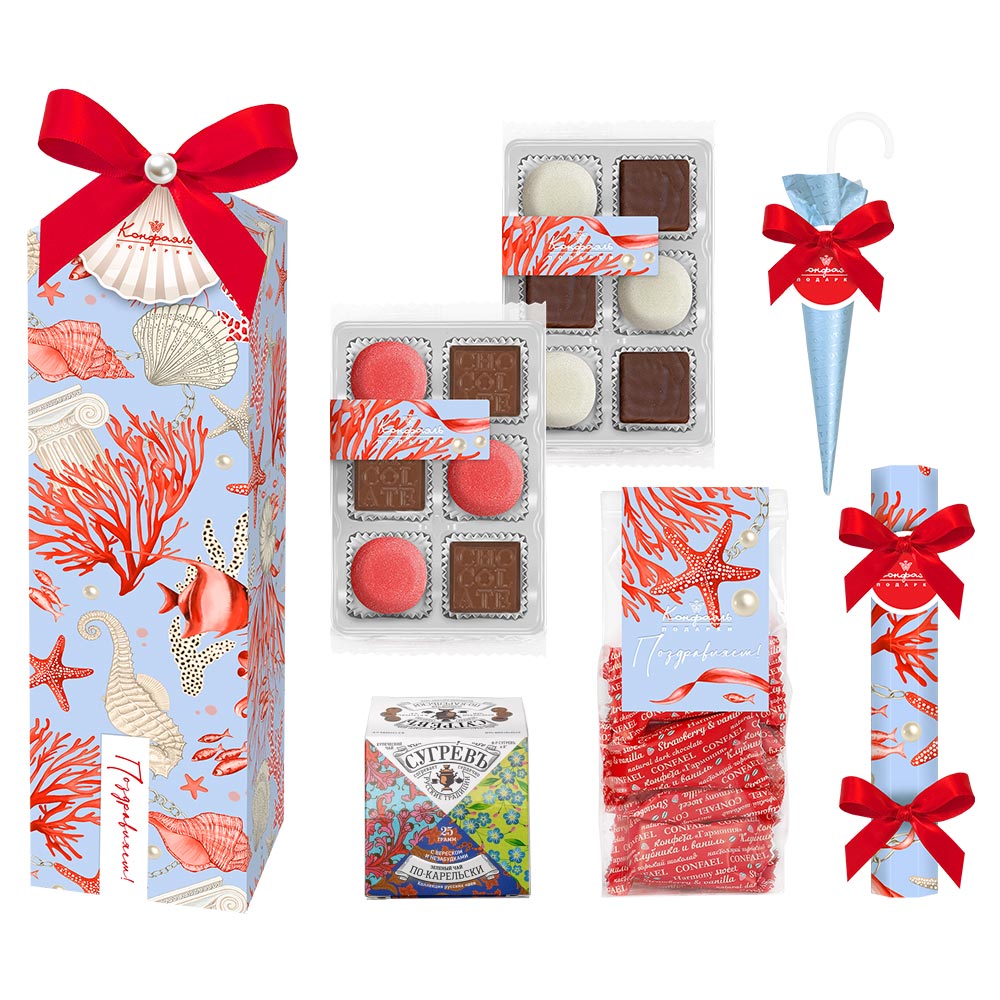 Набор: шоколадные конфеты ассорти, суфле, мармелад-суфле, конфета ручной работы, чай