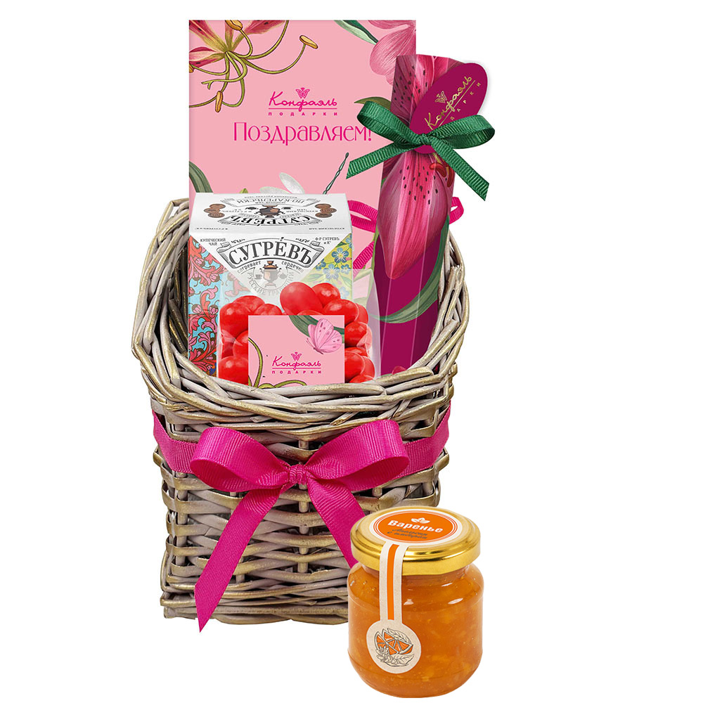 Корзина: шоколад, драже, конфеты глазированные, чай, варенье