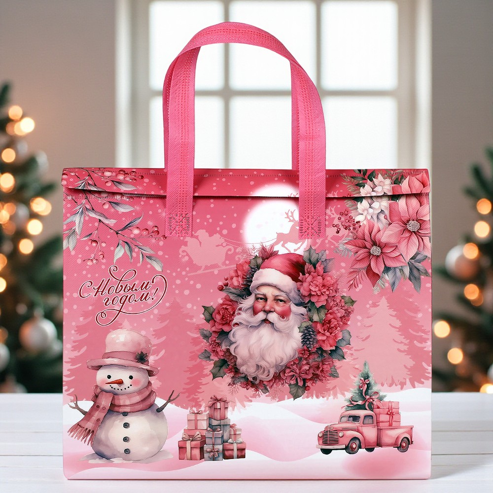 Термопакет розовый "С Новым годом" 35х30х13 см застежка липучка