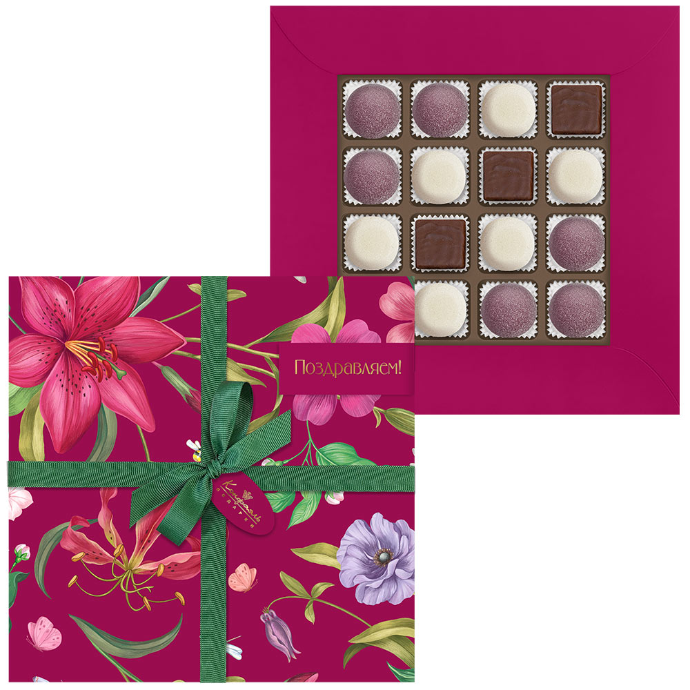 Суфле в горьком шоколаде со вкусом «Игристого розе»,мармелад со вкусом «Сливочная намелака», «Голубика»