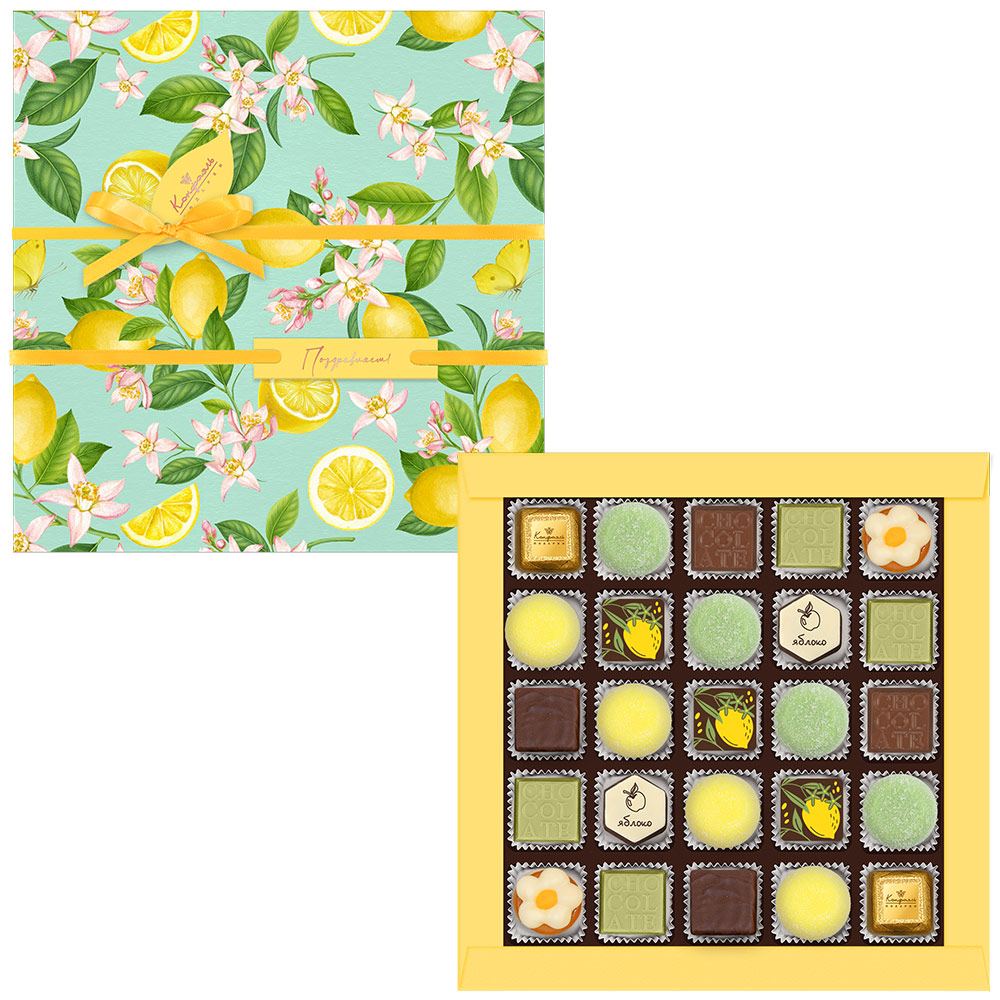 Шоколадные конфеты ассорти, мармелад со вкусами «Банан», «Зеленая дыня», суфле в горьком шоколаде (лимонное) 295г