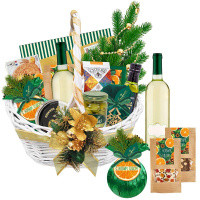 Корзина с конфетами: ассорти, шоколад белый, шоколад горький, драже, чай, паштет, масло, оливки