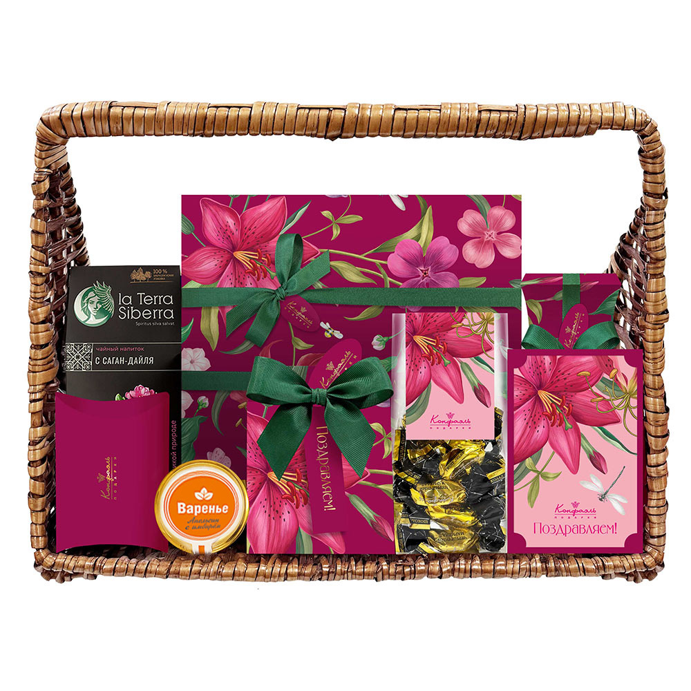 Корзина: конфеты глазированные, конфеты "Ассорти", чайный напиток