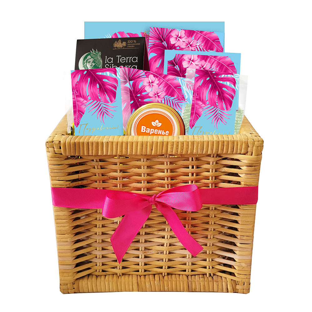 Корзина: шоколад, мармелад, конфеты "Ассорти", варенье, чайный напиток
