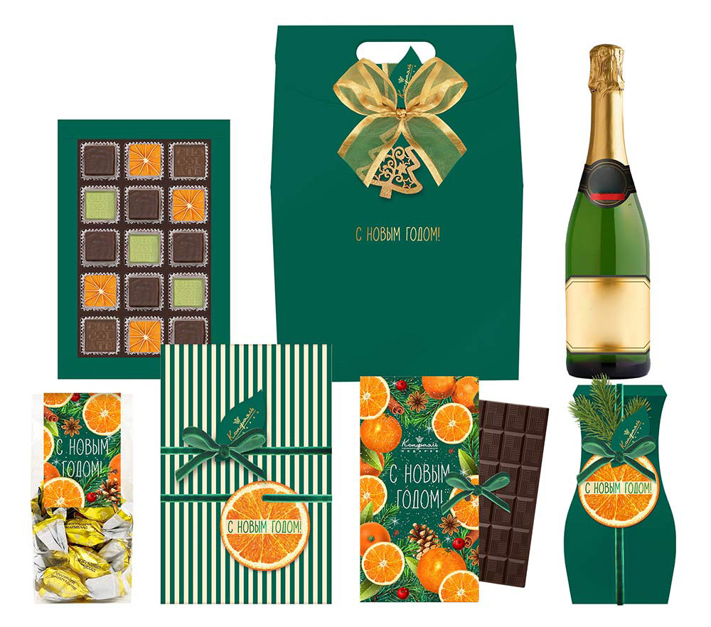 Набор с конфетами и шоколадом: ассорти, суфле, мармелад, мармелад-суфле из коллекции Цитрусовая зима Набор с конфетами и шоколадом: ассорти, суфле, мармелад, мармелад-суфле из коллекции Цитрусовая зима