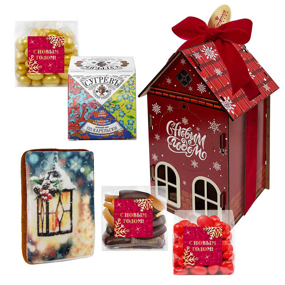 Домик с конфетами: цукаты, драже, чай из коллекции Царственная зима Домик с конфетами: цукаты, драже, чай из коллекции Царственная зима