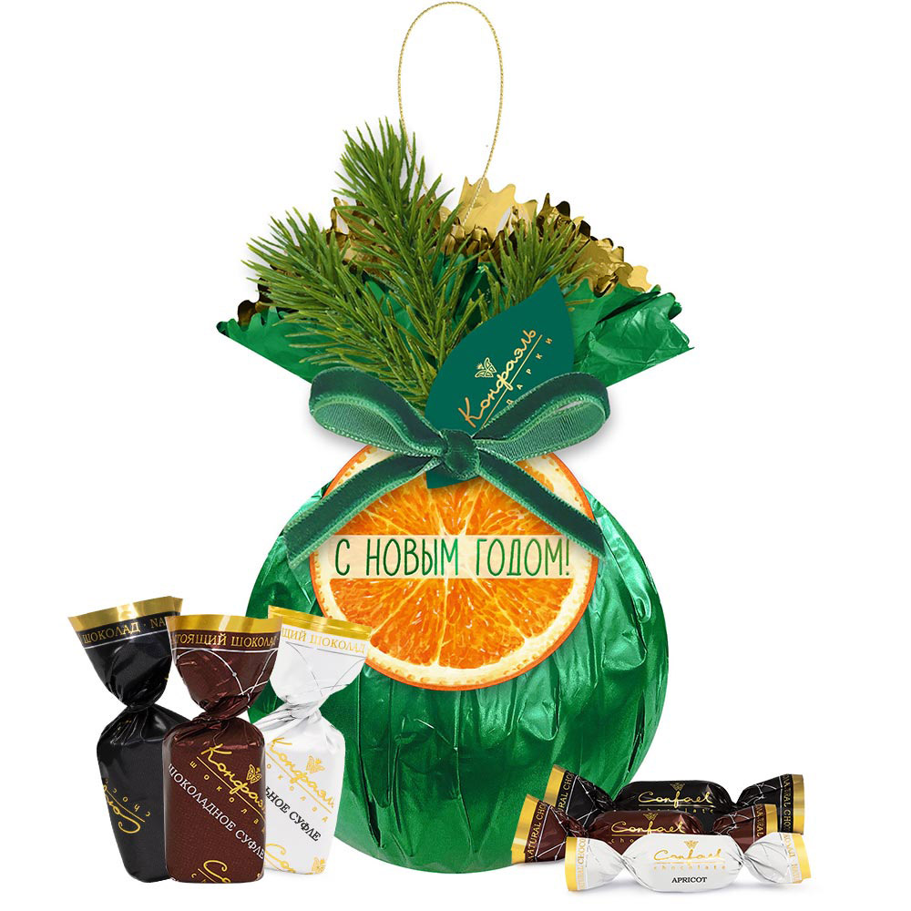 Елочный шарик с конфетами: суфле, сухофрукты 120г из коллекции Цитрусовая зима Елочный шарик с конфетами: суфле, сухофрукты 120г из коллекции Цитрусовая зима