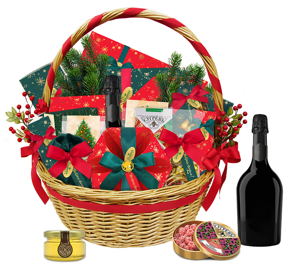 Корзина с конфетами ассорти, шоколадом, карамелью, пирожными, чаем из коллекции Новогоднее настроение.Зима