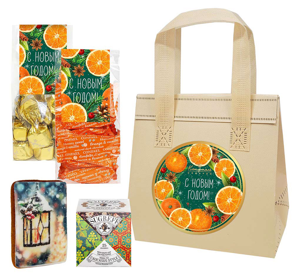 Сумочка с конфетами ассорти, мармелад-суфле, пряник ручной работы и чай из коллекции Цитрусовая зима Сумочка с конфетами ассорти, мармелад-суфле, пряник ручной работы и чай из коллекции Цитрусовая зима