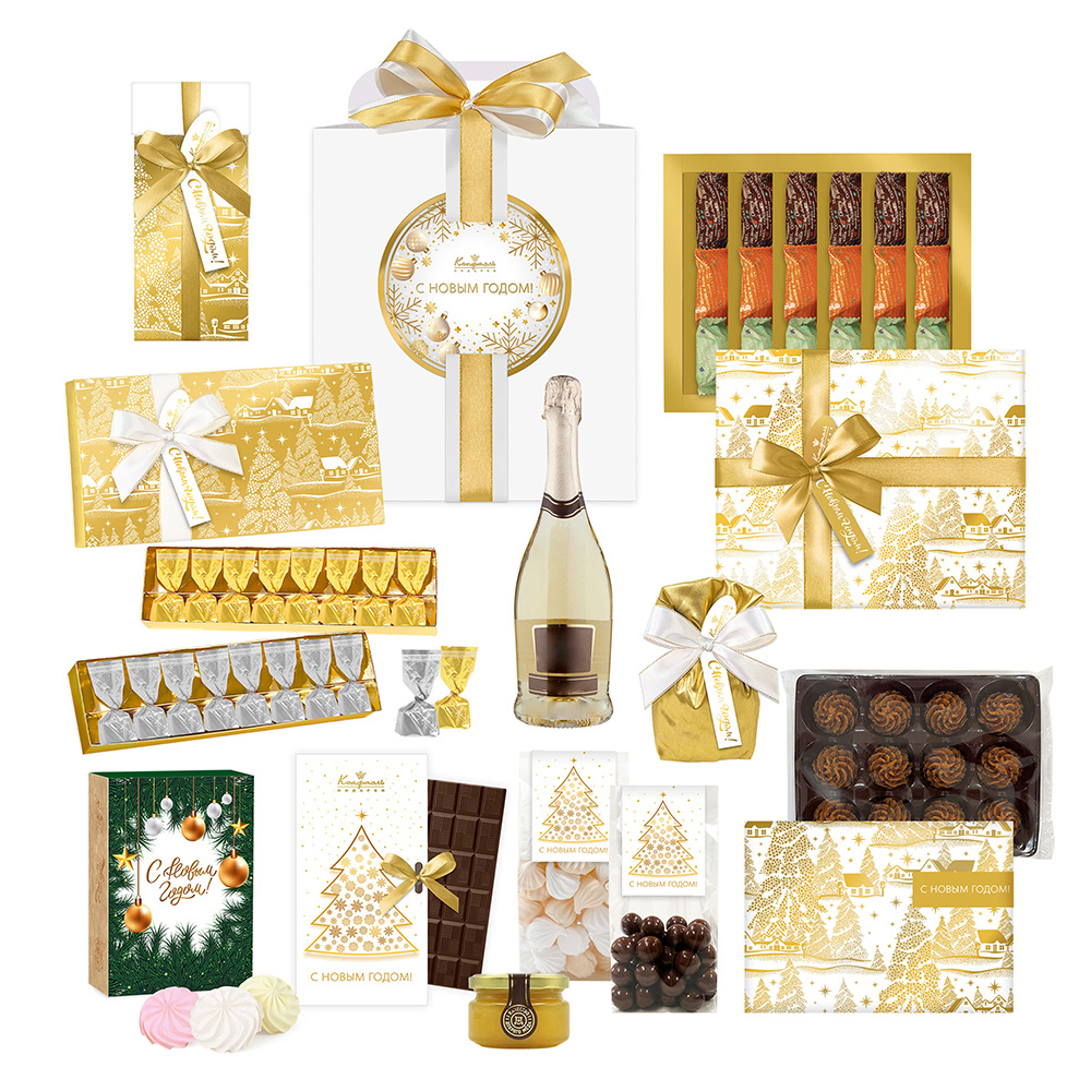 Набор конфет и шоколада: ассорти, драже, зефир, драже, мед из коллекции Золото зимы 