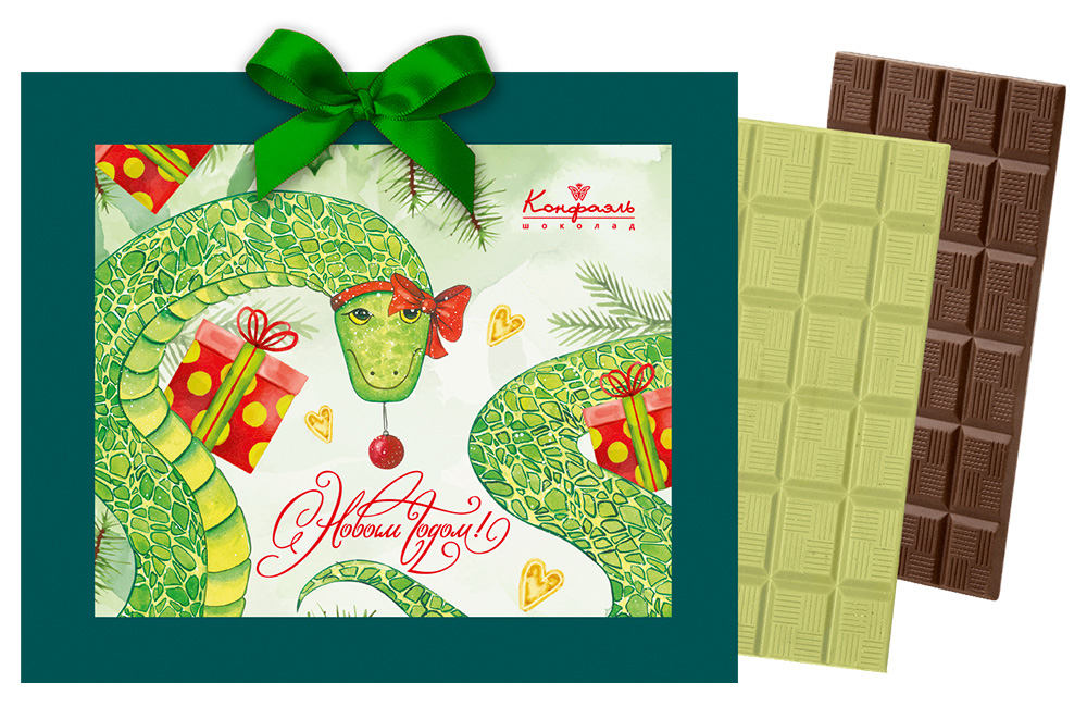 Открытка с декором С Новым годом!: шоколад молочный, чай Матча 120г из коллекции Символы года 2025