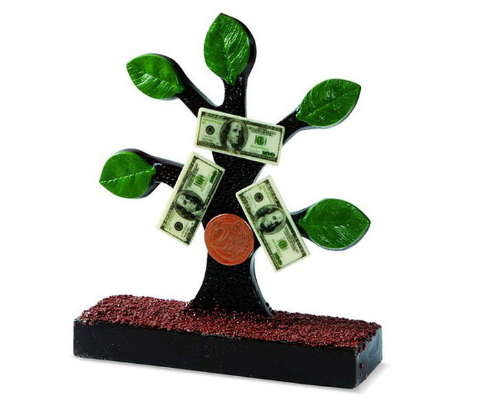 Дерево из горького и белого шоколада на подставке с листиками, долларами, медальками