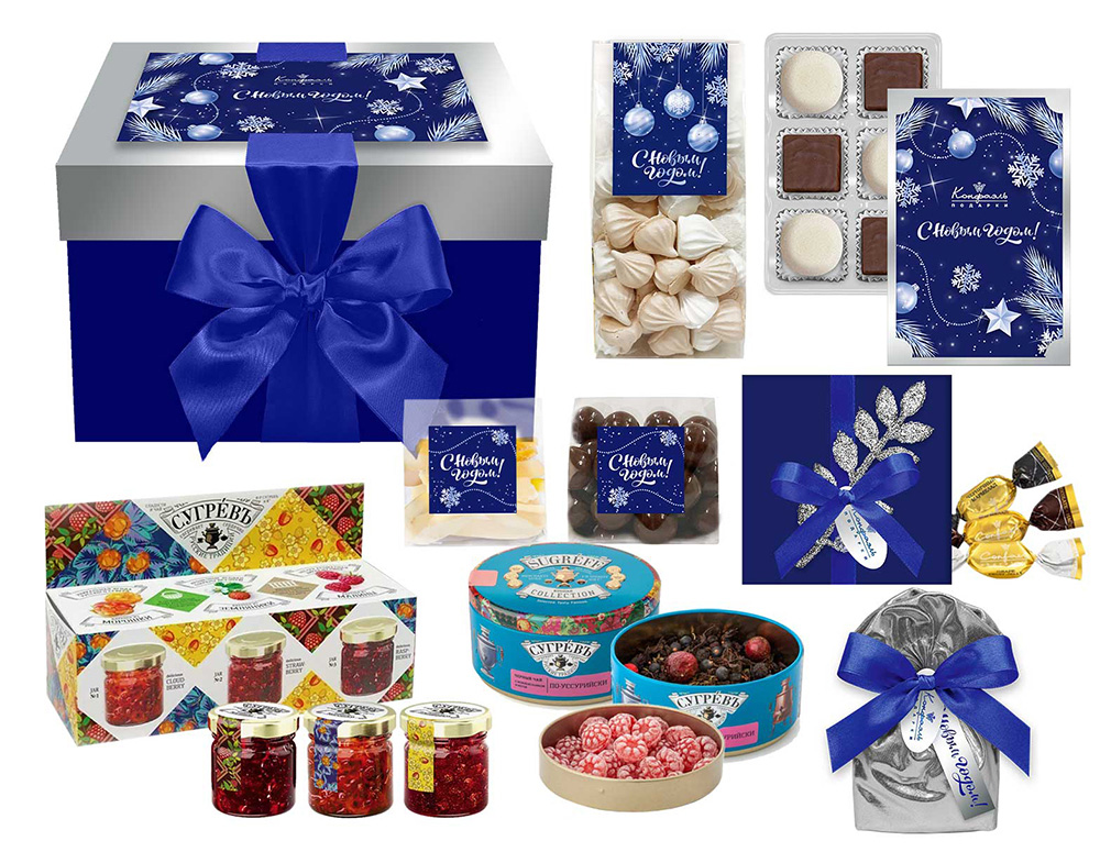 Набор с конфетами: мармелад, меренги, драже, варенье, чай из коллекции Серебро января
