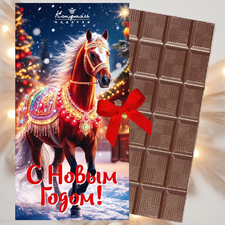 «Новогодняя лошадь» открытка шоколад молочный 60г из коллекции Символы года 2026 «Новогодняя лошадь» открытка шоколад молочный 60г из коллекции Символы года 2026