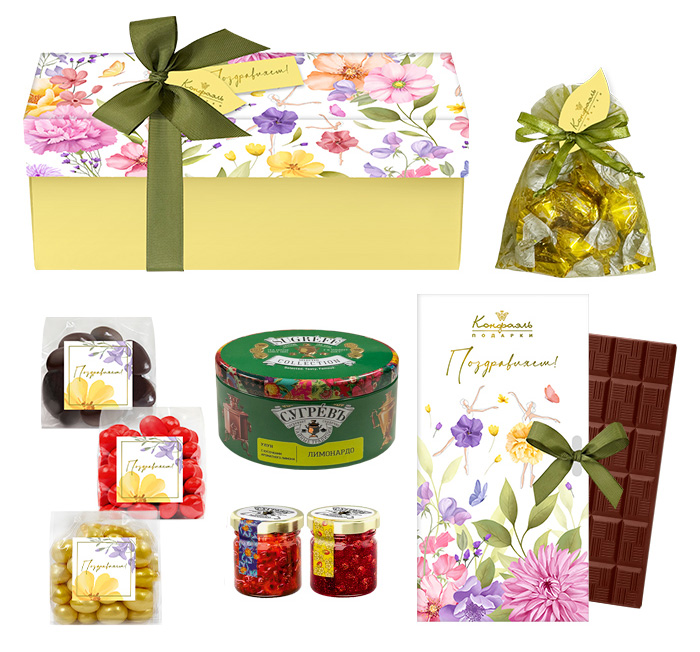 Набор: шоколад, драже, варенье чай из коллекции Танцующие цветы Набор: шоколад, драже, варенье чай из коллекции Танцующие цветы