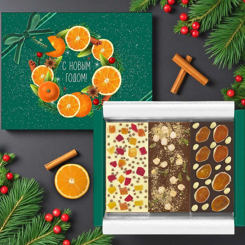 Шоколад белый, молочный и горький с добавками 300г из коллекции Цитрусовая зима Шоколад белый, молочный и горький с добавками 300г из коллекции Цитрусовая зима