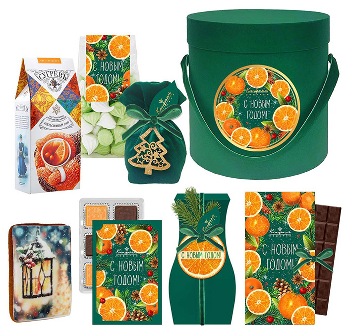 «Набор с конфетами и шоколадом: мармелад-суфле, драже, ассорти, пряник, чай из коллекции Цитрусовая зима Набор с конфетами и шоколадом: мармелад-суфле, драже, ассорти, пряник, чай из коллекции Цитрусовая зима