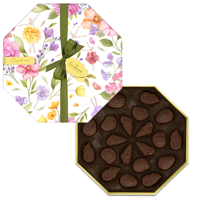Шоколадные конфеты ассорти восьмигранник из коллекции Танцующие цветы Шоколадные конфеты ассорти восьмигранник из коллекции Танцующие цветы