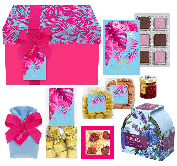 Набор: конфеты ассорти, шоколад, драже, варенье, чай из коллекции Яркие тропики