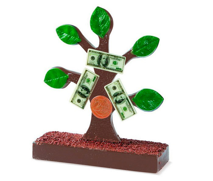 Дерево из молочного и белого шоколада на подставке с листиками, долларами, медальками Дерево из молочного и белого шоколада на подставке с листиками, долларами, медальками