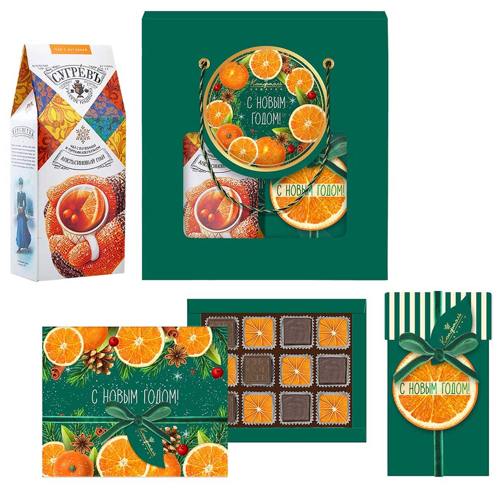 «Набор с конфетами: ассорти, суфле, чай из коллекции Цитрусовая зима «Набор с конфетами: ассорти, суфле, чай из коллекции Цитрусовая зима
