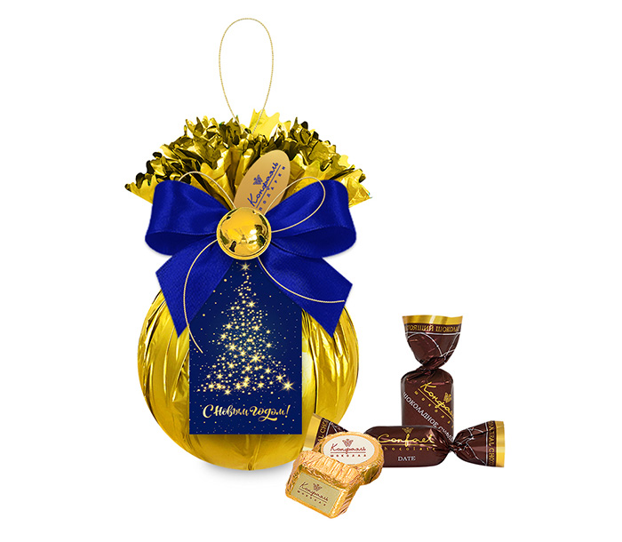 Елочный шарик с конфетами ассорти, сухофруктами в шоколаде Елочный шарик с конфетами ассорти, сухофруктами в шоколаде