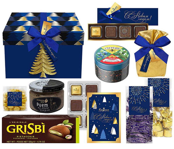 «Набор с конфетами: ассорти, суфле, драже, риет, печенье, чай из коллекции Элегантная зима Набор с конфетами: ассорти, суфле, драже, риет, печенье, чай из коллекции Элегантная зима