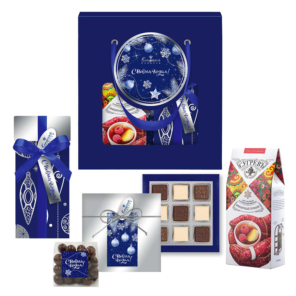 Набор с конфетами: ассорти, суфле, драже, чай из коллекции Серебро января