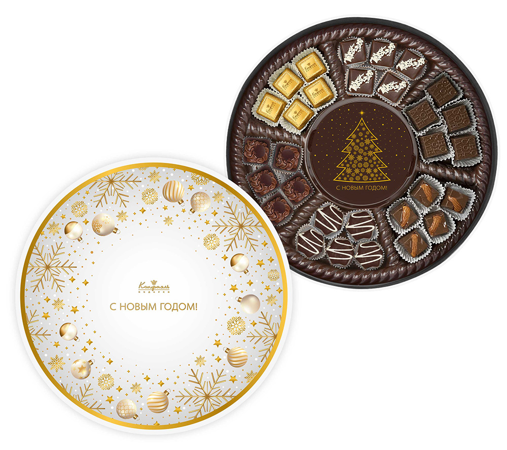 Набор круглый: шоколад, конфеты ассорти и ручной работы 385г из коллекции Золото зимы