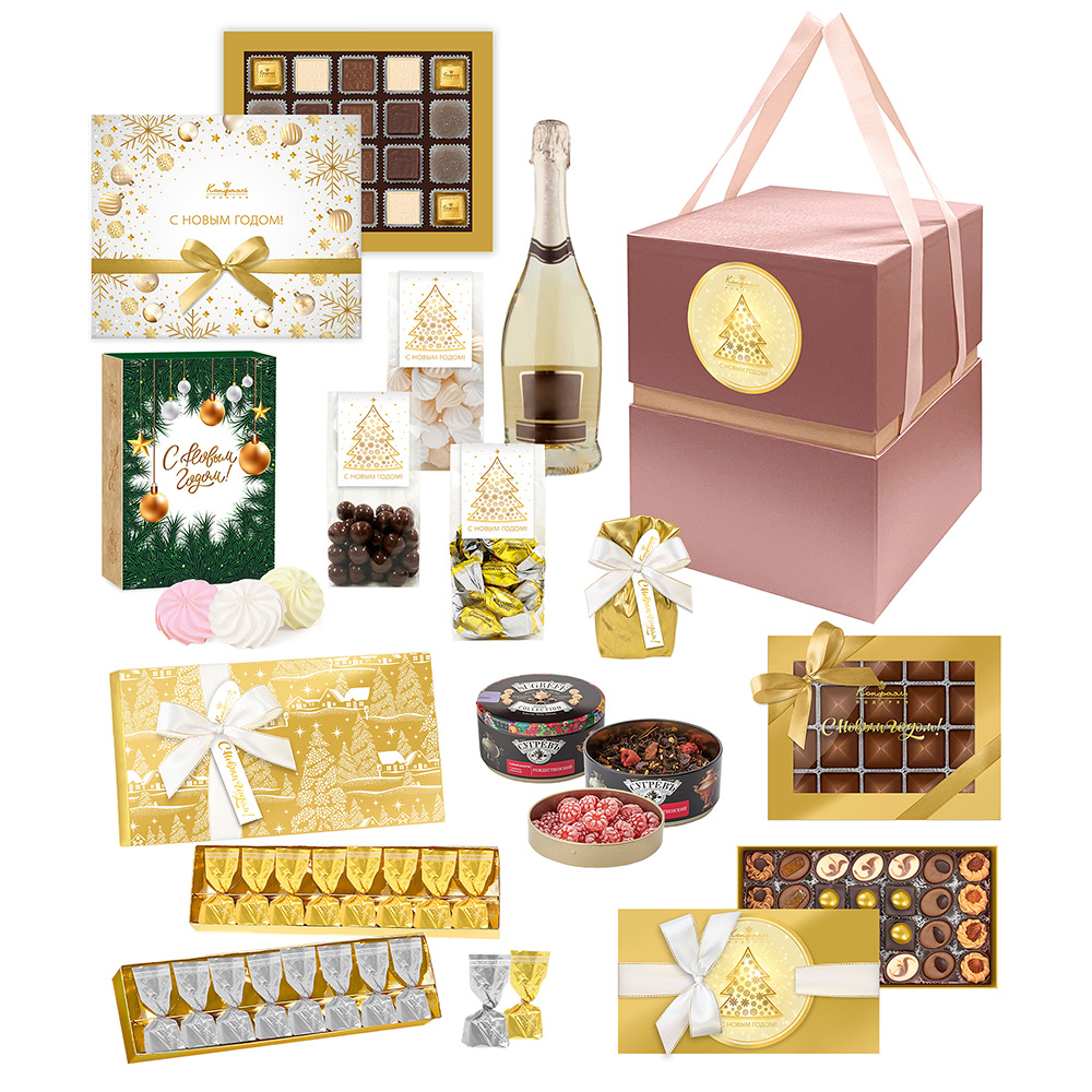 Розовый набор с конфетами: ассорти, ручной работы, драже, зефир, чай из коллекции Золото зимы