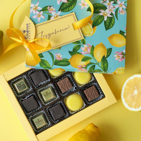 Шоколадные конфеты ассорти, мармелад со вкусом «Банан», суфле в горьком шоколаде (лимонное) 125г