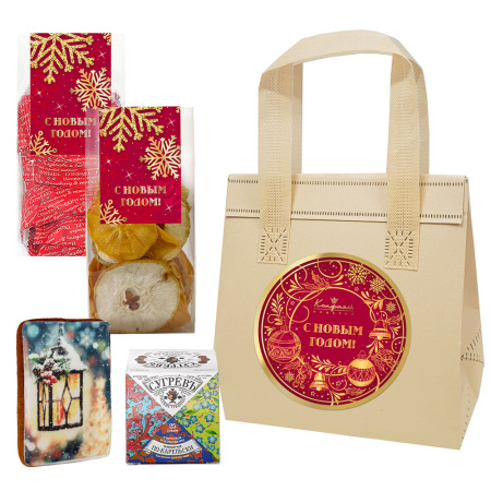 Сумочка с конфетами мармелад-суфле, фруктовые чипсы, пряник, чай