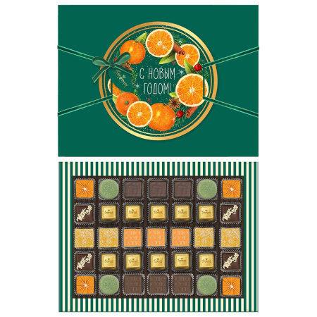 Мармелад желейный апельсиновый, шоколадные конфеты ассорти, апельсиновое суфле в горьком шоколаде, мармелад желейный со вкусом «Зеленая дыня»  370г