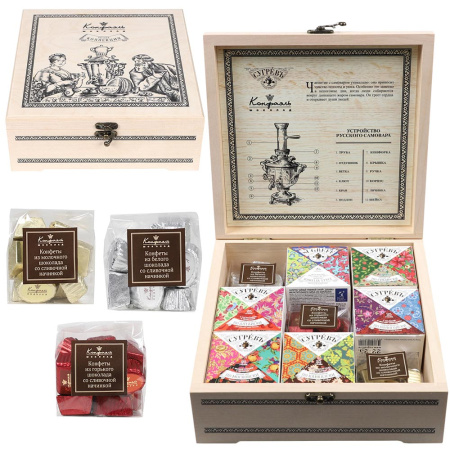 Шкатулка: набор чая и шоколадных конфет «Ассорти»