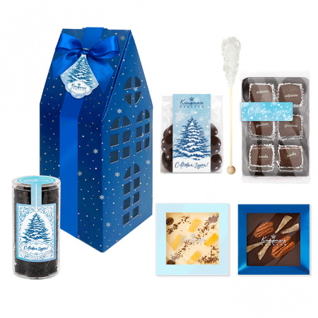 Подарочный набор-домик: шоколад, драже, конфеты, чай 370г