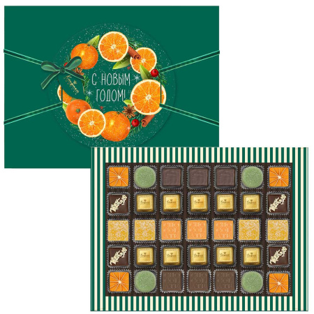 Мармелад желейный апельсиновый, шоколадные конфеты ассорти, апельсиновое суфле в горьком шоколаде, мармелад желейный со вкусом «Зеленая дыня»  370г