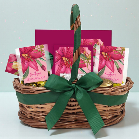 Корзина: конфеты глазированные, чай, варенье