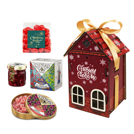 Домик с драже, карамелью, чаем, вареньем