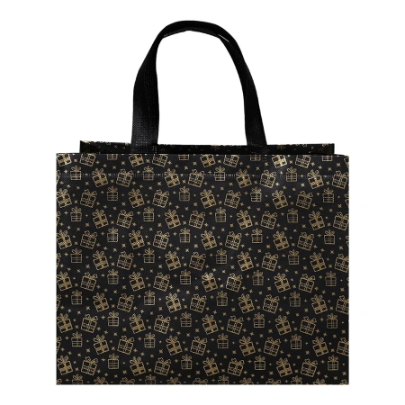 Сумка черная с золотым принтом "Подарки" 32*14*25.5 см