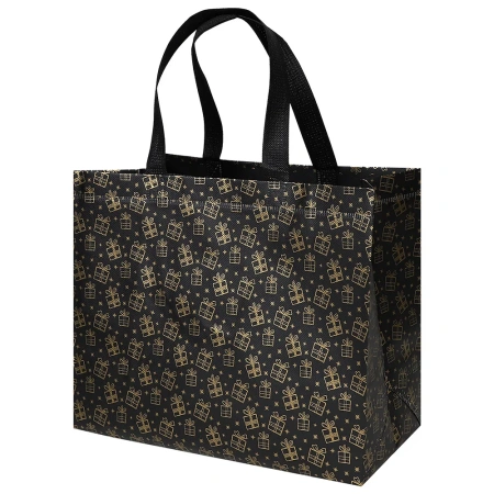 Сумка черная с золотым принтом "Подарки" 32*14*25.5 см