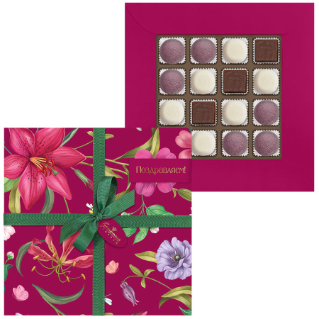 Суфле в горьком шоколаде со вкусом «Игристого розе»,мармелад со вкусом «Сливочная намелака», «Голубика»