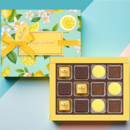 Шоколадные конфеты ассорти, мармелад со вкусом «Банан», суфле в горьком шоколаде (лимонное) 125г