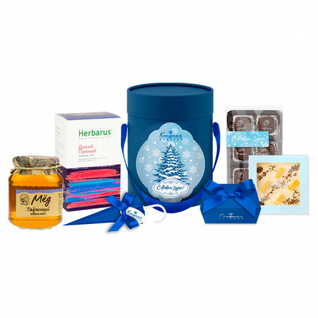 Круглая подарочная коробка: шоколад, конфеты, чай, мед 745г