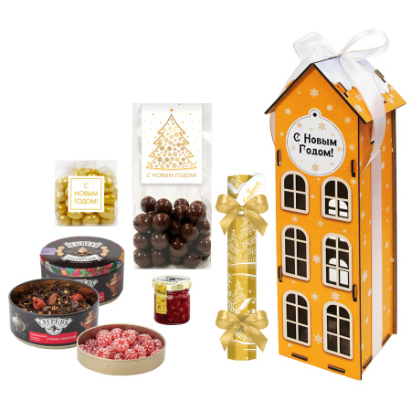 Домик с конфетами: драже, сухофрукты, варенье, чайный набор