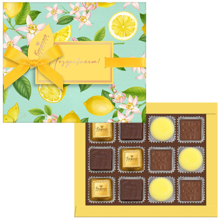 Шоколадные конфеты ассорти, мармелад со вкусом «Банан», суфле в горьком шоколаде (лимонное) 125г