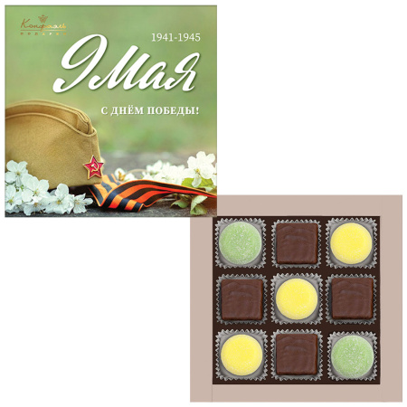 "9 мая" ванильное суфле в горьком шоколаде, мармелад (банан, зеленая дыня)